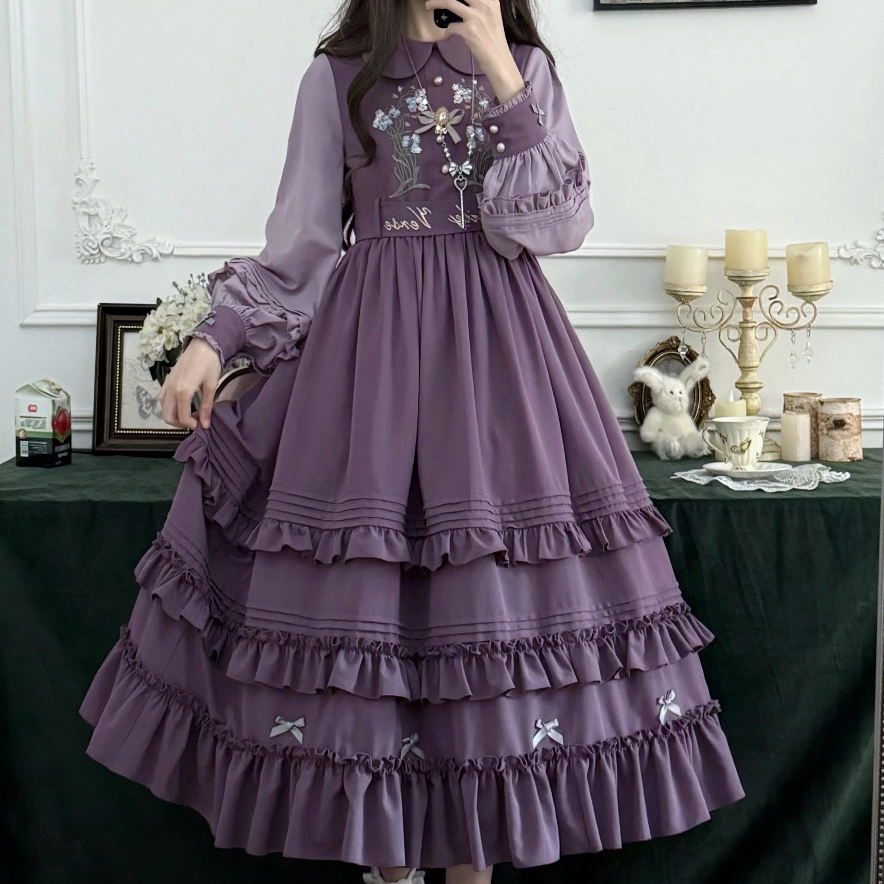 Verdant Name - High-waisted Classic Lolita Dress, Embroidered Bellflower - Image 24