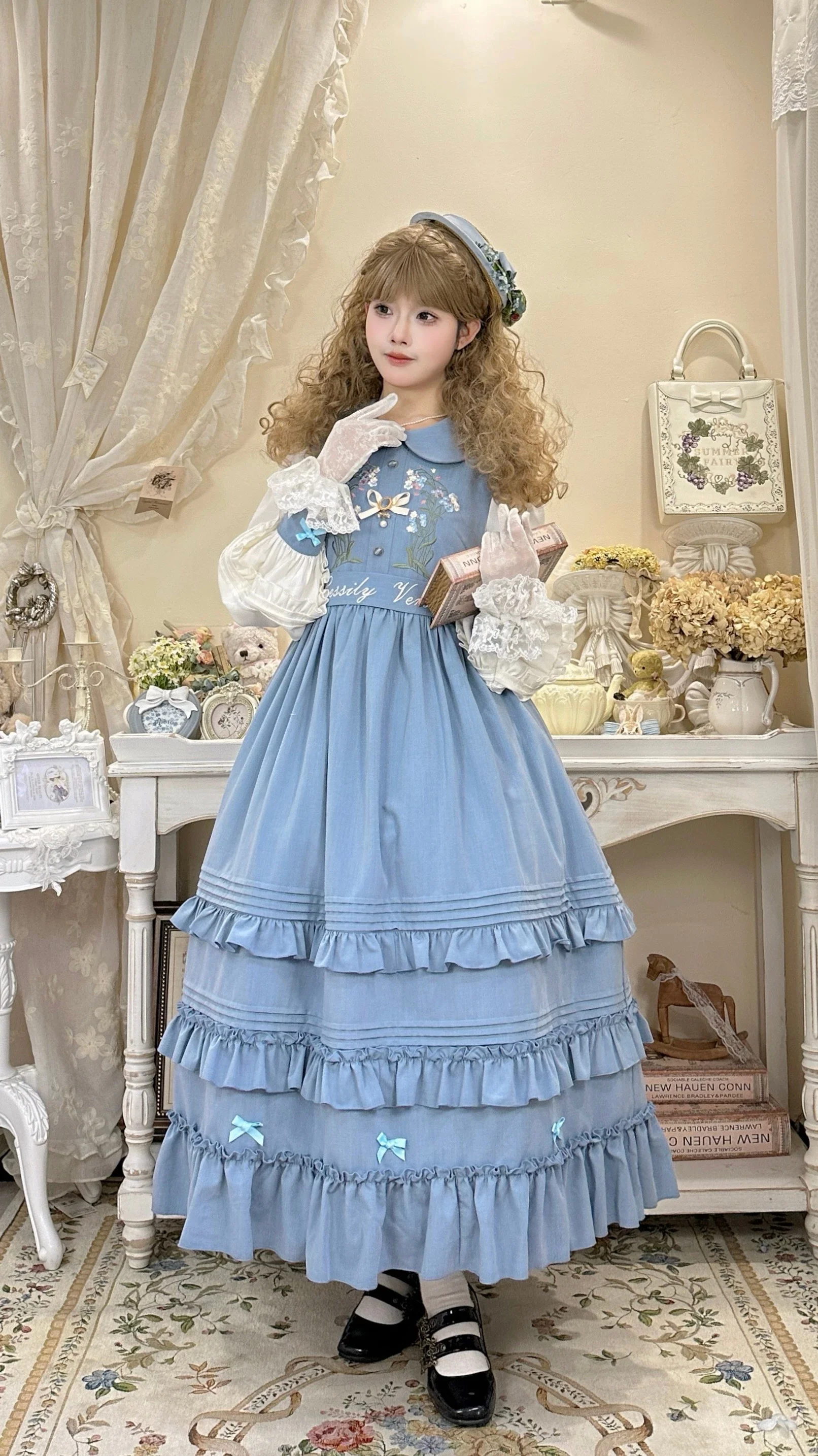 Verdant Name - High-waisted Classic Lolita Dress, Embroidered Bellflower - Image 3