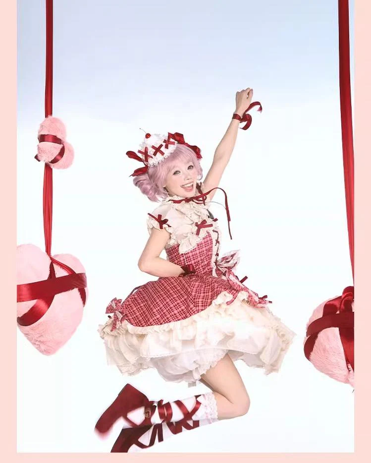 Confession Balloon - Red Plaid Cake Skirt - IP Collab Lolita Plaid JSK Dress - Image 16