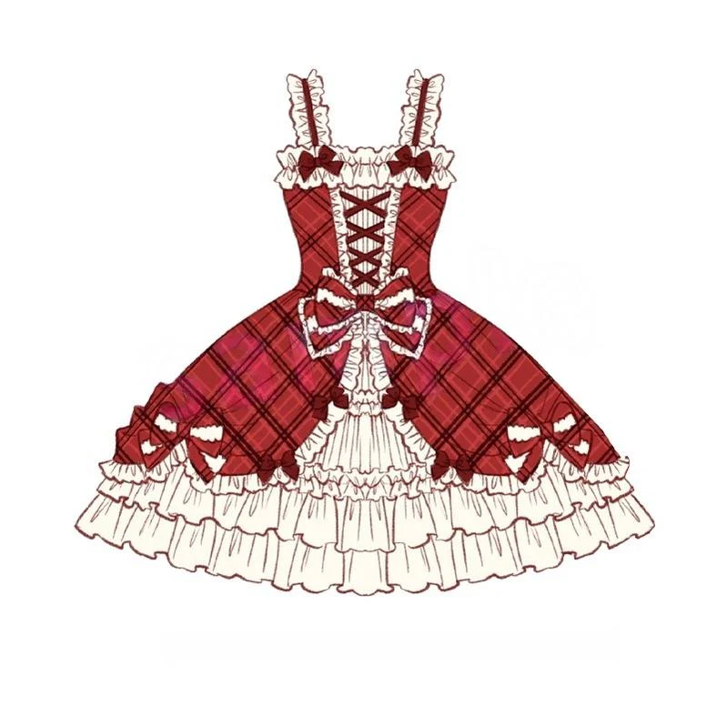 Confession Balloon - Red Plaid Cake Skirt - IP Collab Lolita Plaid JSK Dress - Image 17