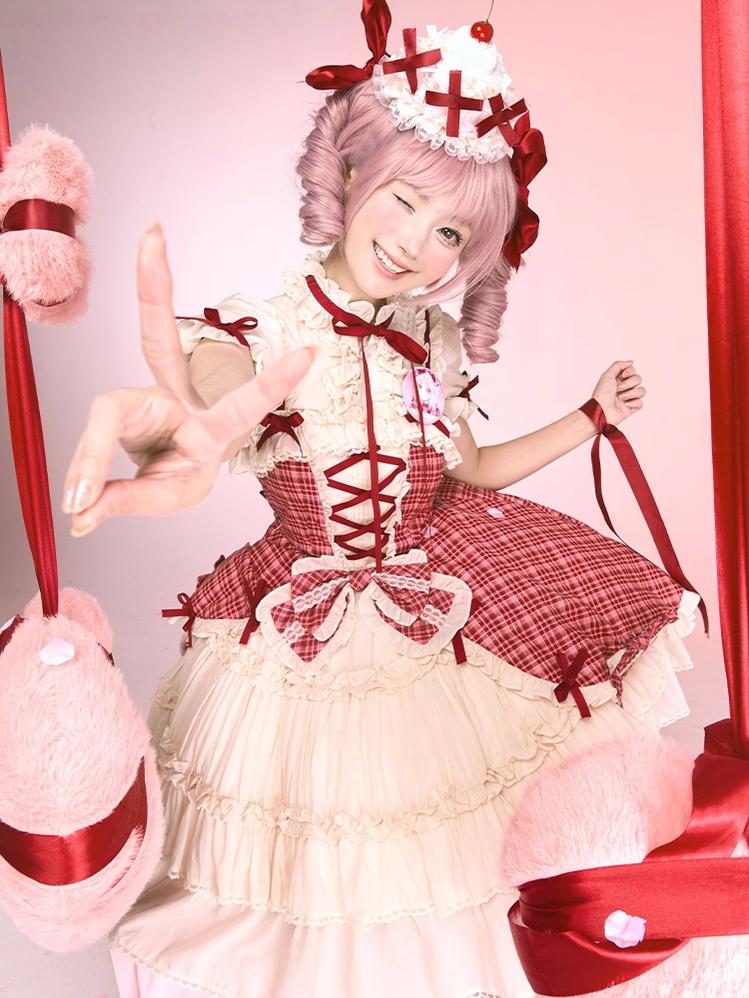 Confession Balloon - Red Plaid Cake Skirt - IP Collab Lolita Plaid JSK Dress - Image 2