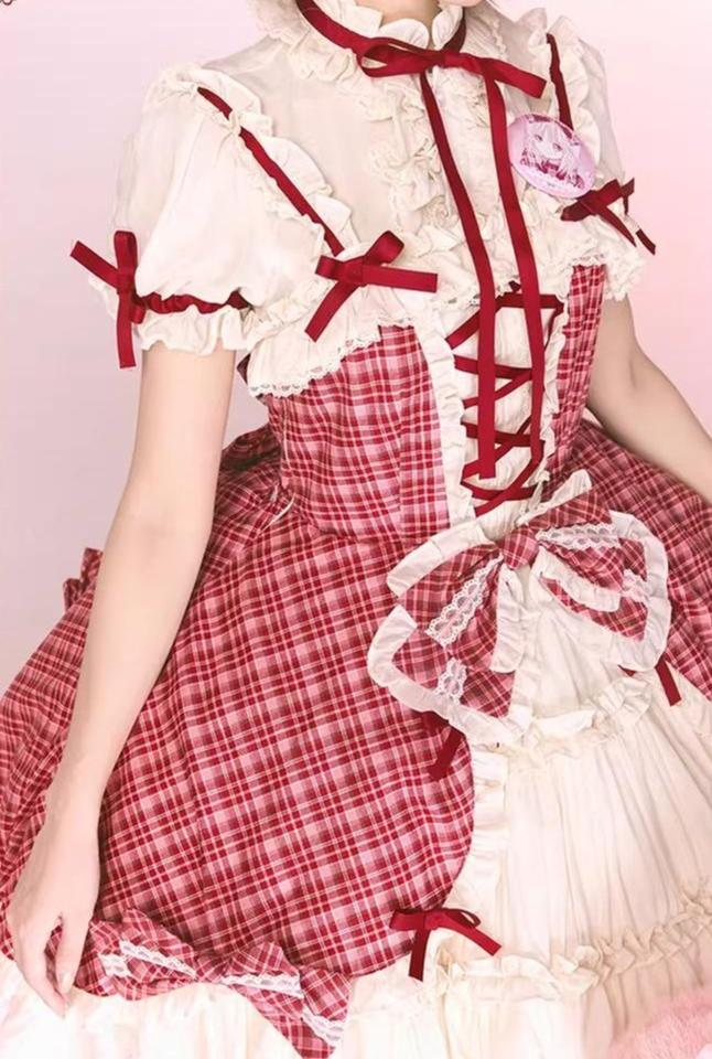Confession Balloon - Red Plaid Cake Skirt - IP Collab Lolita Plaid JSK Dress - Image 3