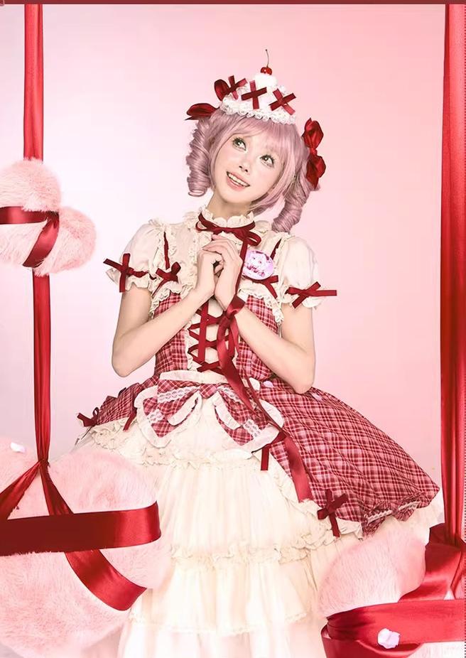 Confession Balloon - Red Plaid Cake Skirt - IP Collab Lolita Plaid JSK Dress - Image 5