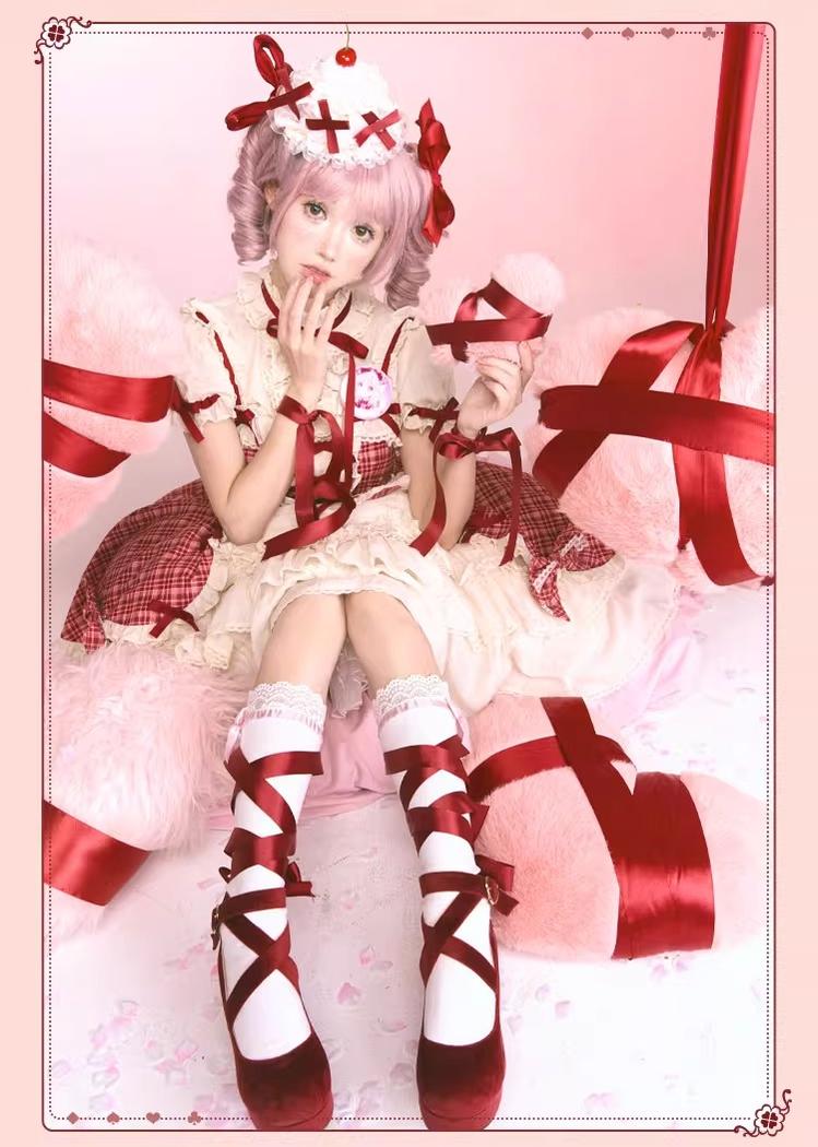 Confession Balloon - Red Plaid Cake Skirt - IP Collab Lolita Plaid JSK Dress - Image 6
