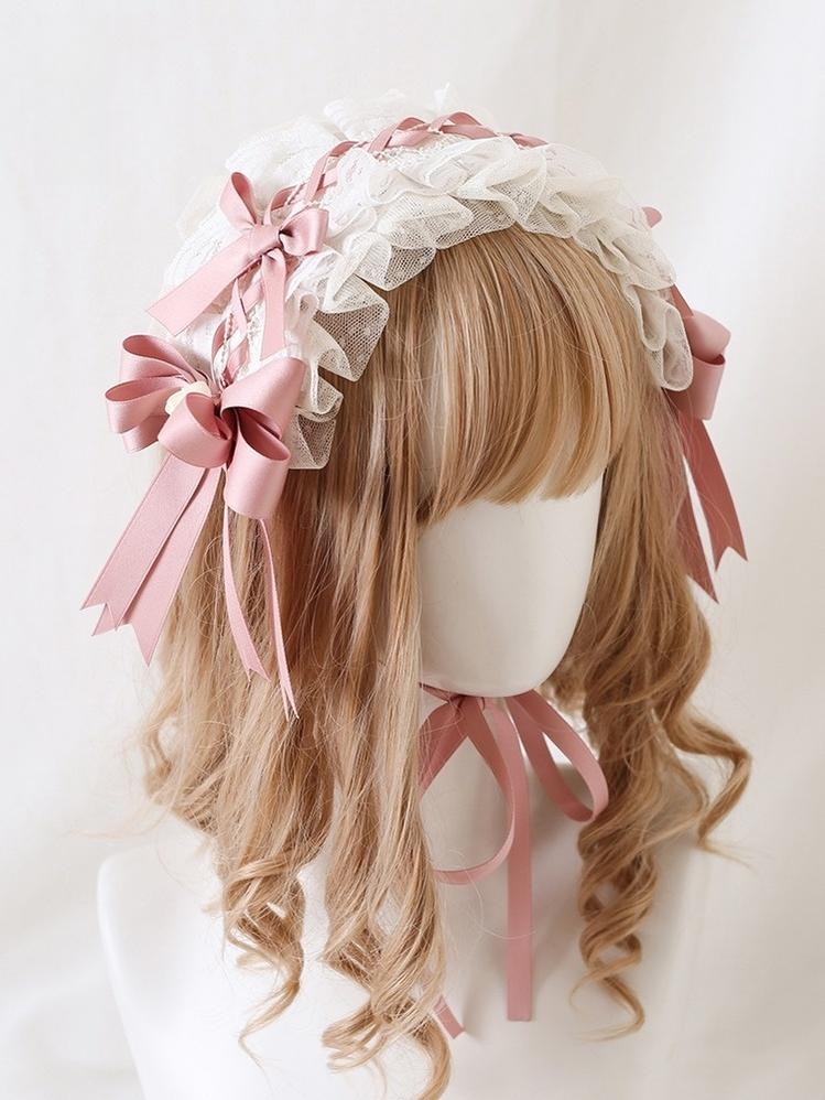 Xiaogui - Ivory & Pink Sweet Lolita Headdress Bridal Lace Headwear - Image 7