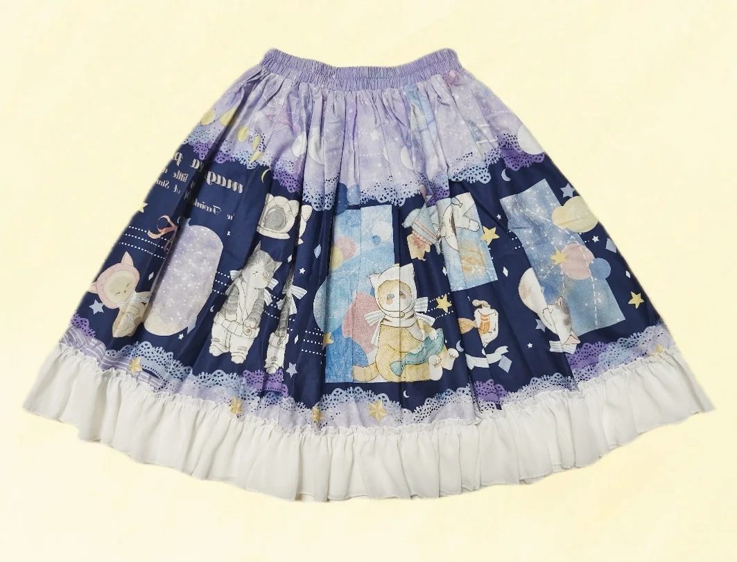 Kawaii Cotton Lolita SK With Bunny & Cosmic Cat Prints - Image 3