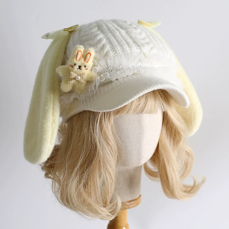 Xiaogui - Kawaii Lolita Baseball Cap Winter Plush Hat with Bunny Ears