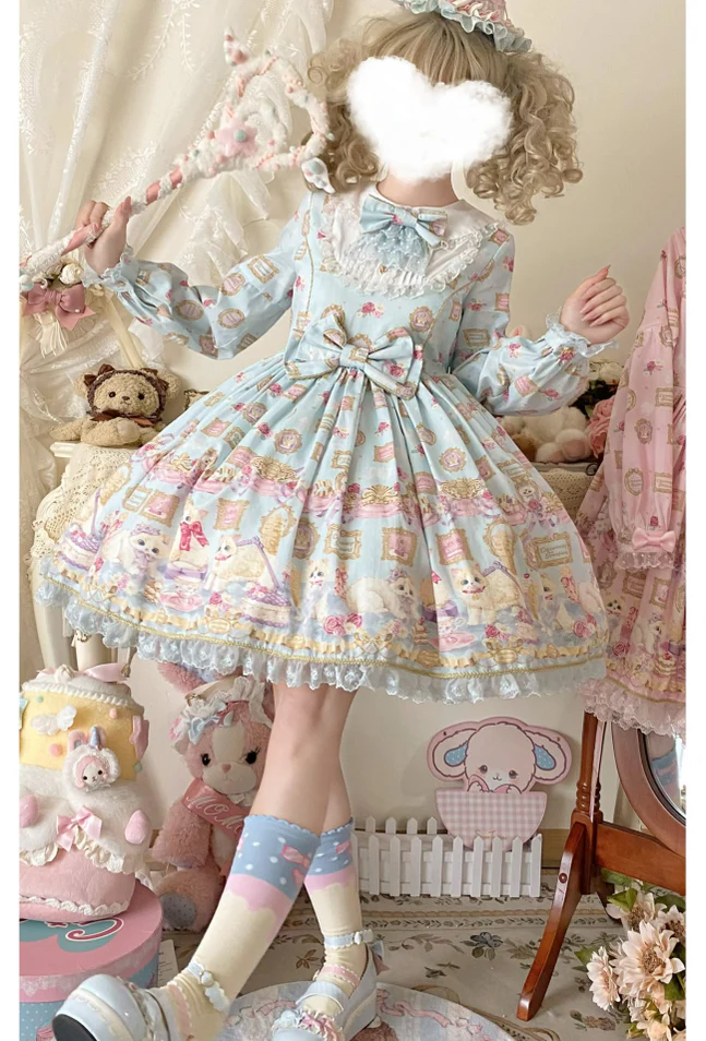 Discovering Treasures - Picture Frame Cat - Kawaii Lolita Dress Suit Cat Print JSK and OP