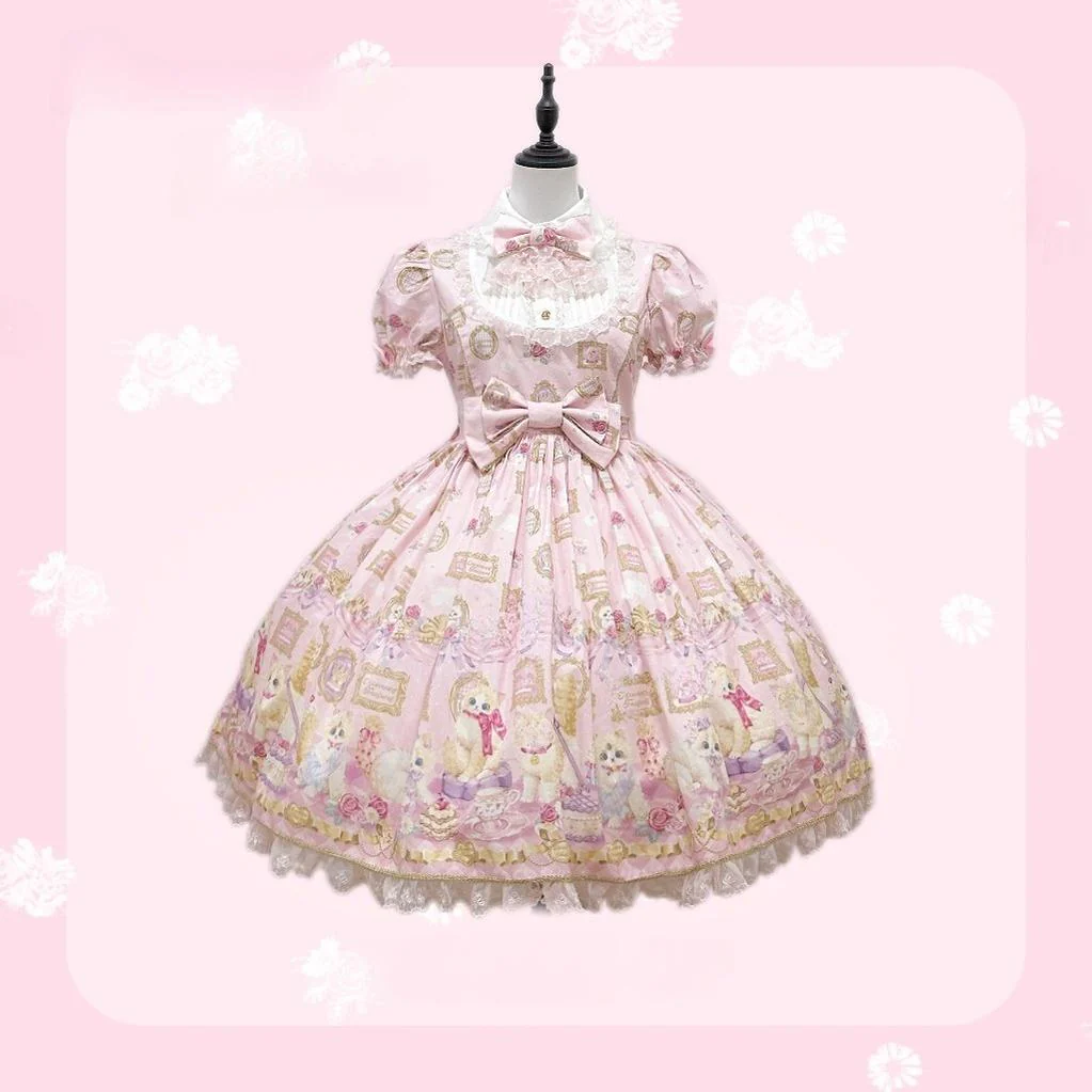 Discovering Treasures - Picture Frame Cat - Kawaii Lolita Dress Suit Cat Print JSK and OP - Image 19