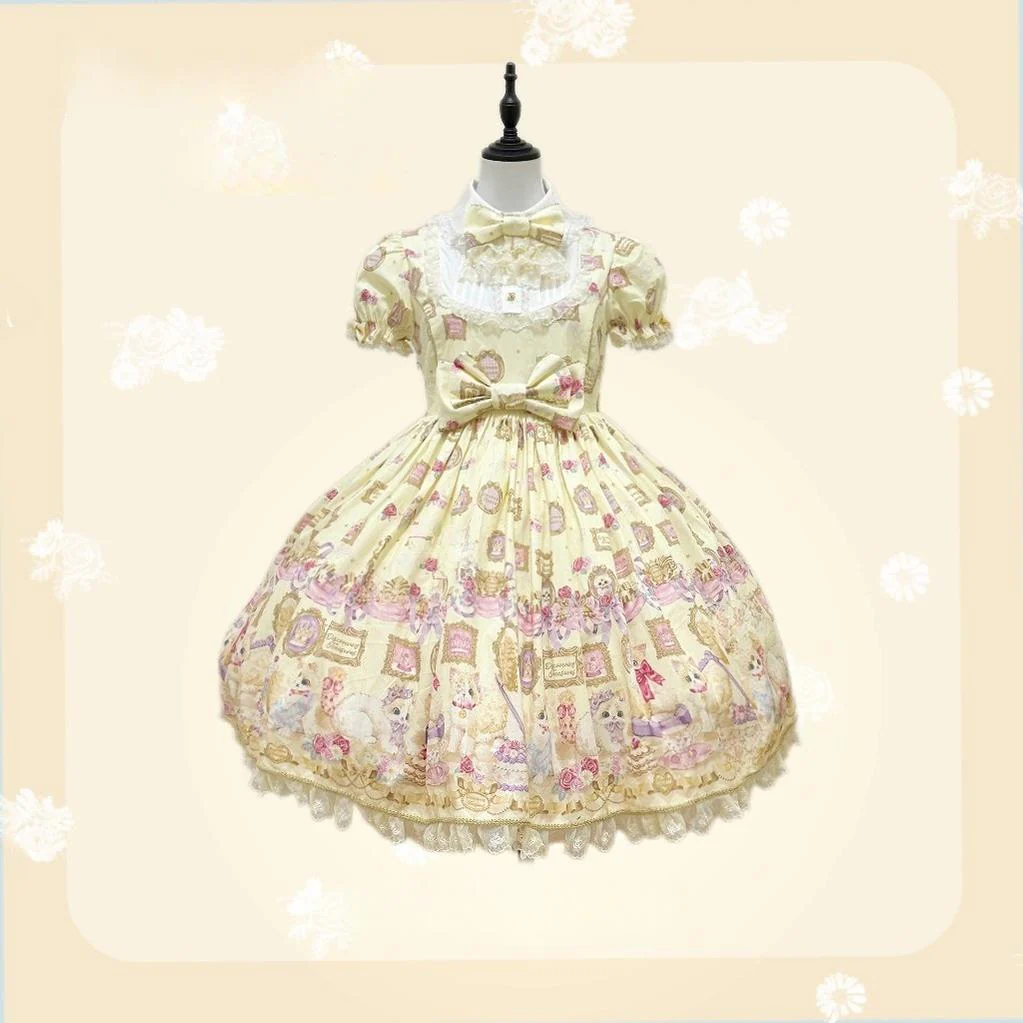 Discovering Treasures - Picture Frame Cat - Kawaii Lolita Dress Suit Cat Print JSK and OP - Image 20