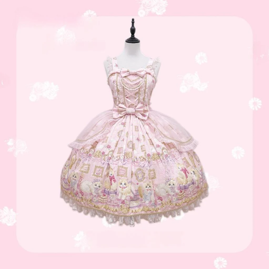 Discovering Treasures - Picture Frame Cat - Kawaii Lolita Dress Suit Cat Print JSK and OP - Image 22