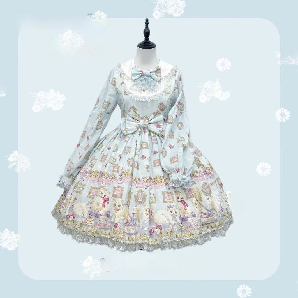 Discovering Treasures - Picture Frame Cat - Kawaii Lolita Dress Suit Cat Print JSK and OP - Image 24
