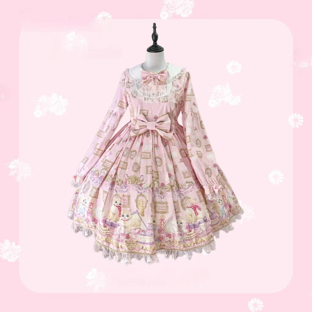 Discovering Treasures - Picture Frame Cat - Kawaii Lolita Dress Suit Cat Print JSK and OP - Image 25