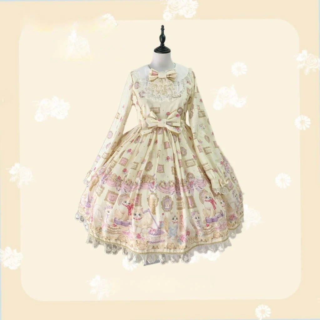 Discovering Treasures - Picture Frame Cat - Kawaii Lolita Dress Suit Cat Print JSK and OP - Image 26