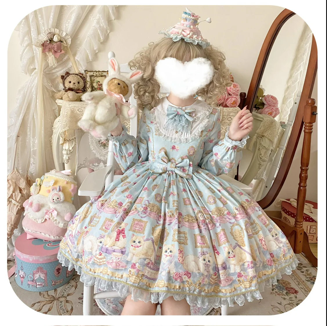 Discovering Treasures - Picture Frame Cat - Kawaii Lolita Dress Suit Cat Print JSK and OP - Image 4