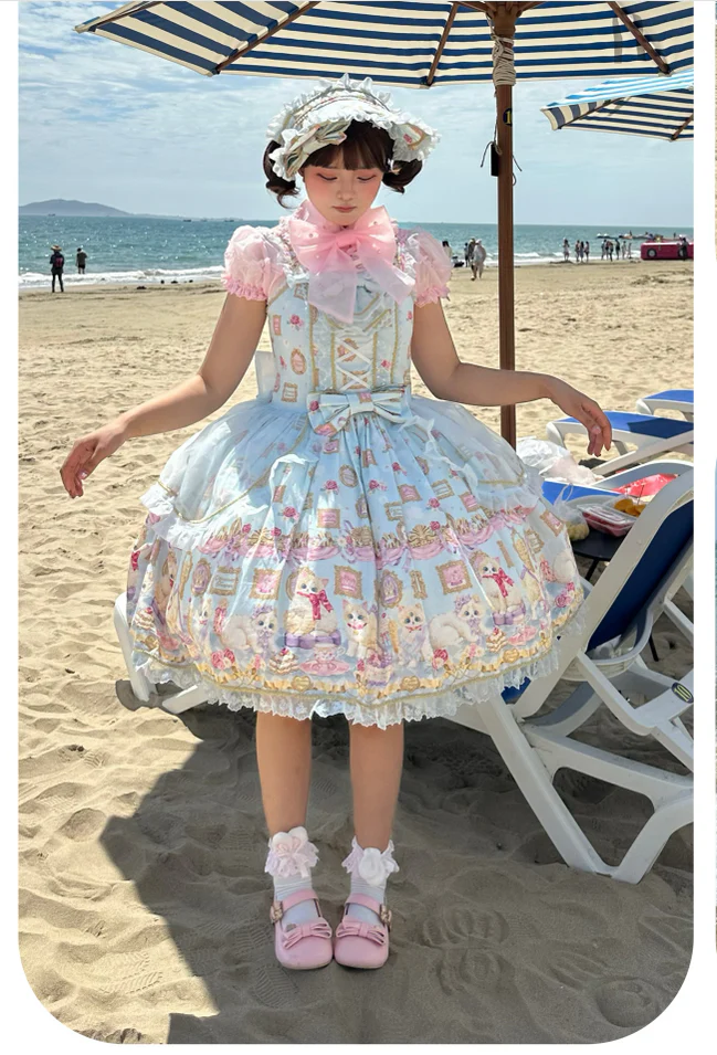 Discovering Treasures - Picture Frame Cat - Kawaii Lolita Dress Suit Cat Print JSK and OP - Image 5