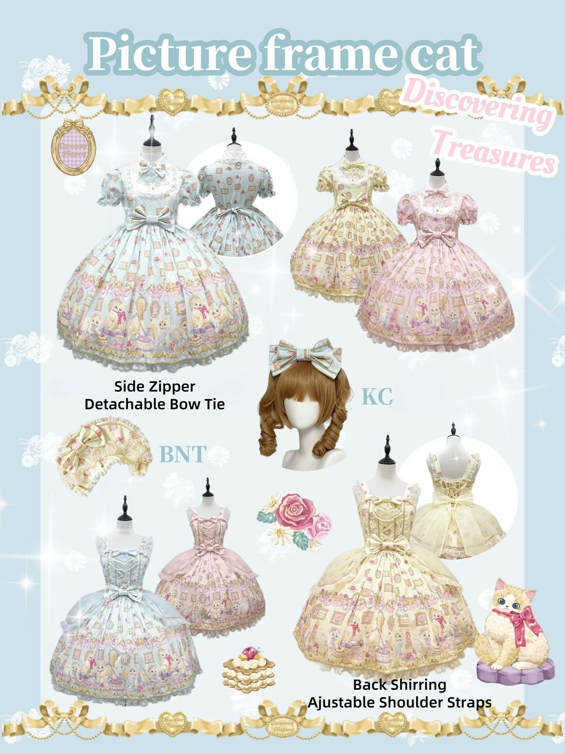 Discovering Treasures - Picture Frame Cat - Kawaii Lolita Dress Suit Cat Print JSK and OP - Image 6