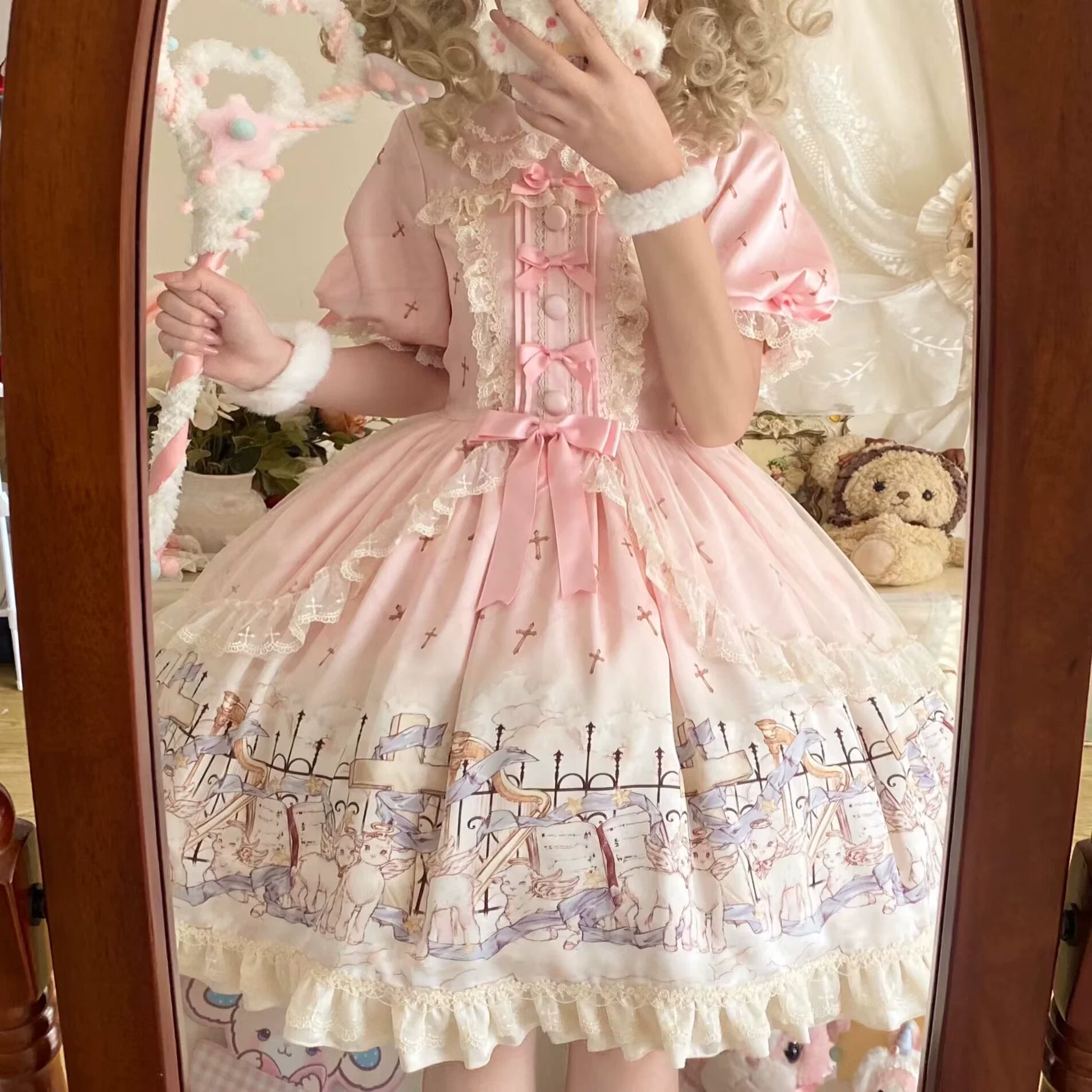 Angel Lamb - Kawaii Lolita Dress With Side Pockets, Lamb Print - Image 10