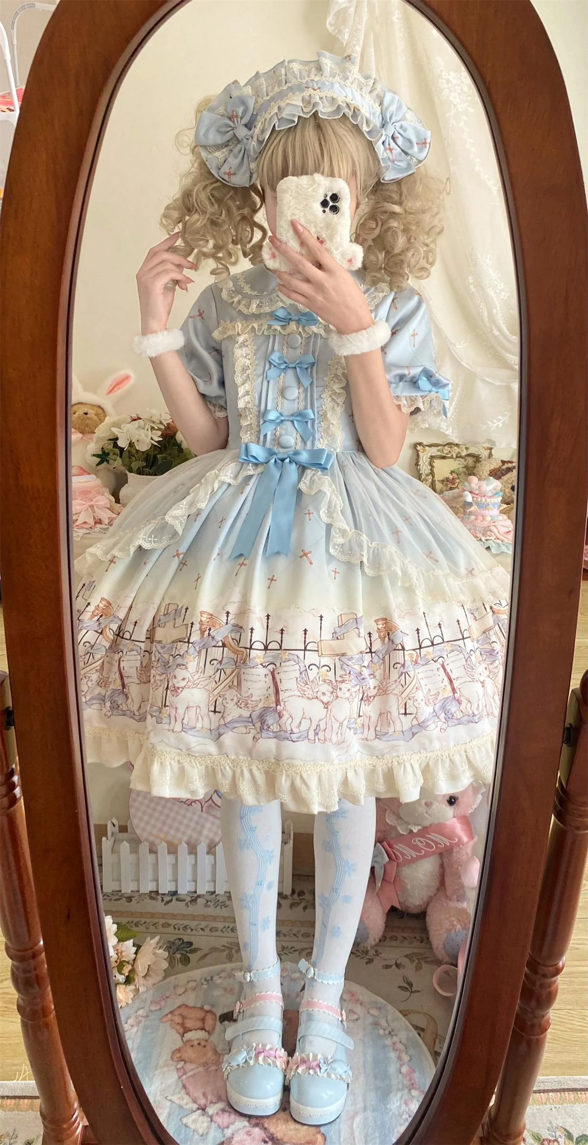 Angel Lamb - Kawaii Lolita Dress With Side Pockets, Lamb Print - Image 13