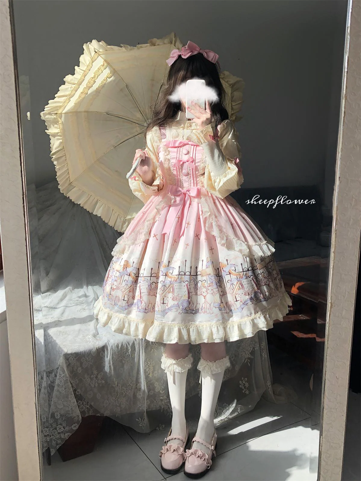Angel Lamb - Kawaii Lolita Dress With Side Pockets, Lamb Print - Image 14