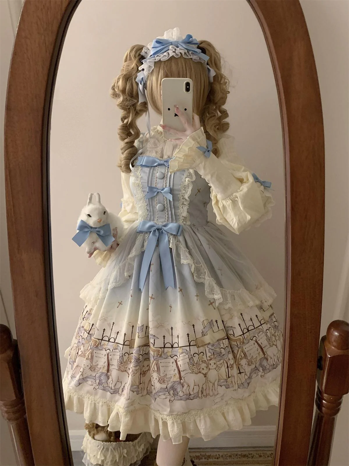 Angel Lamb - Kawaii Lolita Dress With Side Pockets, Lamb Print - Image 17