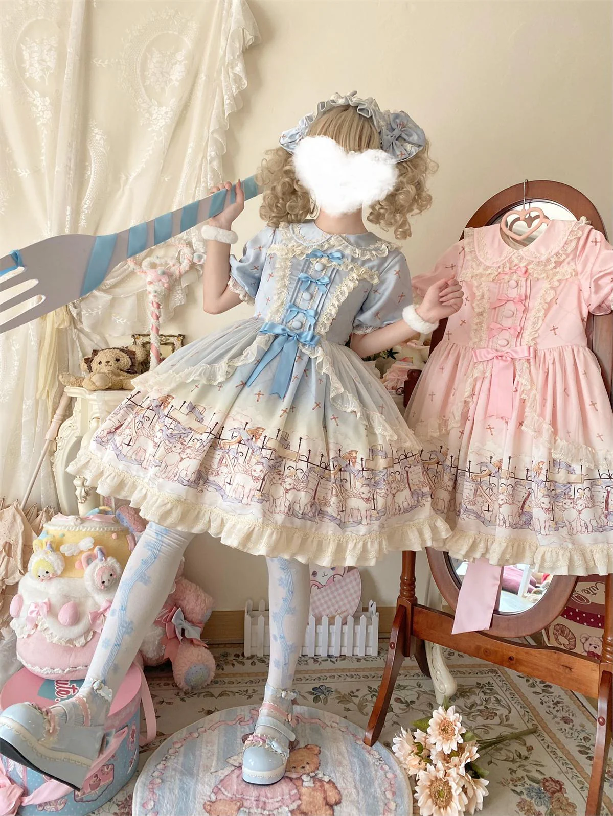 Angel Lamb - Kawaii Lolita Dress With Side Pockets, Lamb Print - Image 2