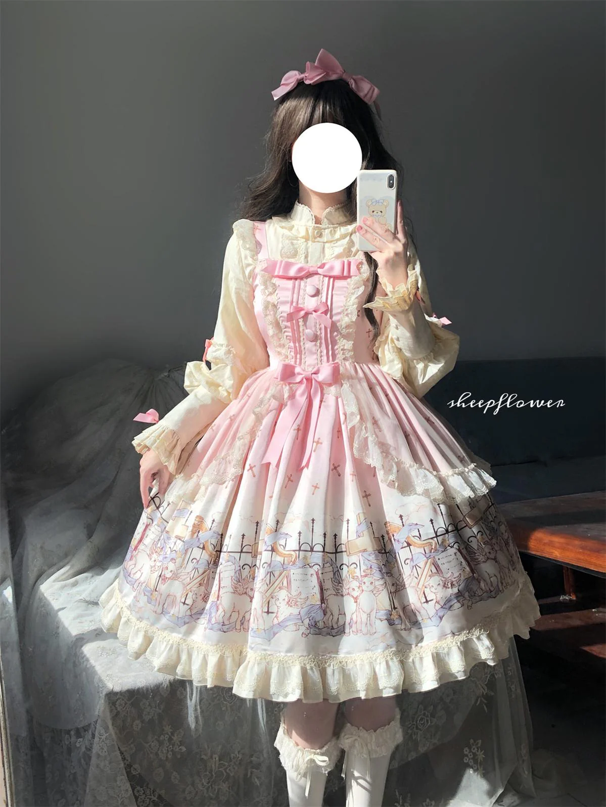 Angel Lamb - Kawaii Lolita Dress With Side Pockets, Lamb Print - Image 3