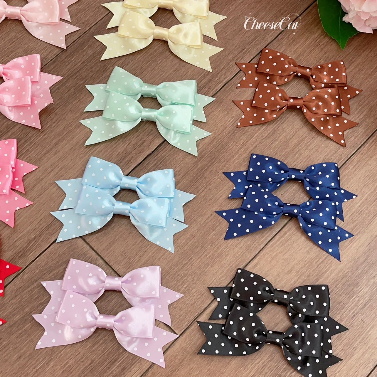 Cheese Cat - Kawaii Lolita Hair Clip Polka Dot Ribbon Bow Clips - Image 3