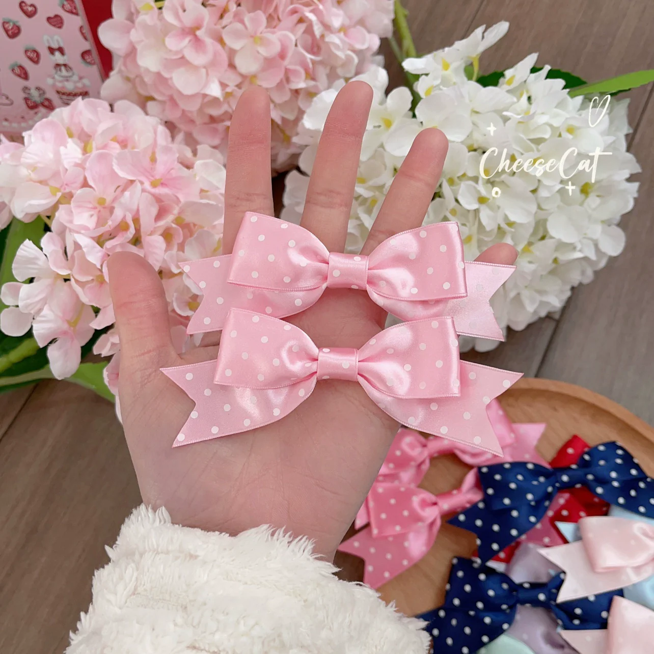 Cheese Cat - Kawaii Lolita Hair Clip Polka Dot Ribbon Bow Clips - Image 8