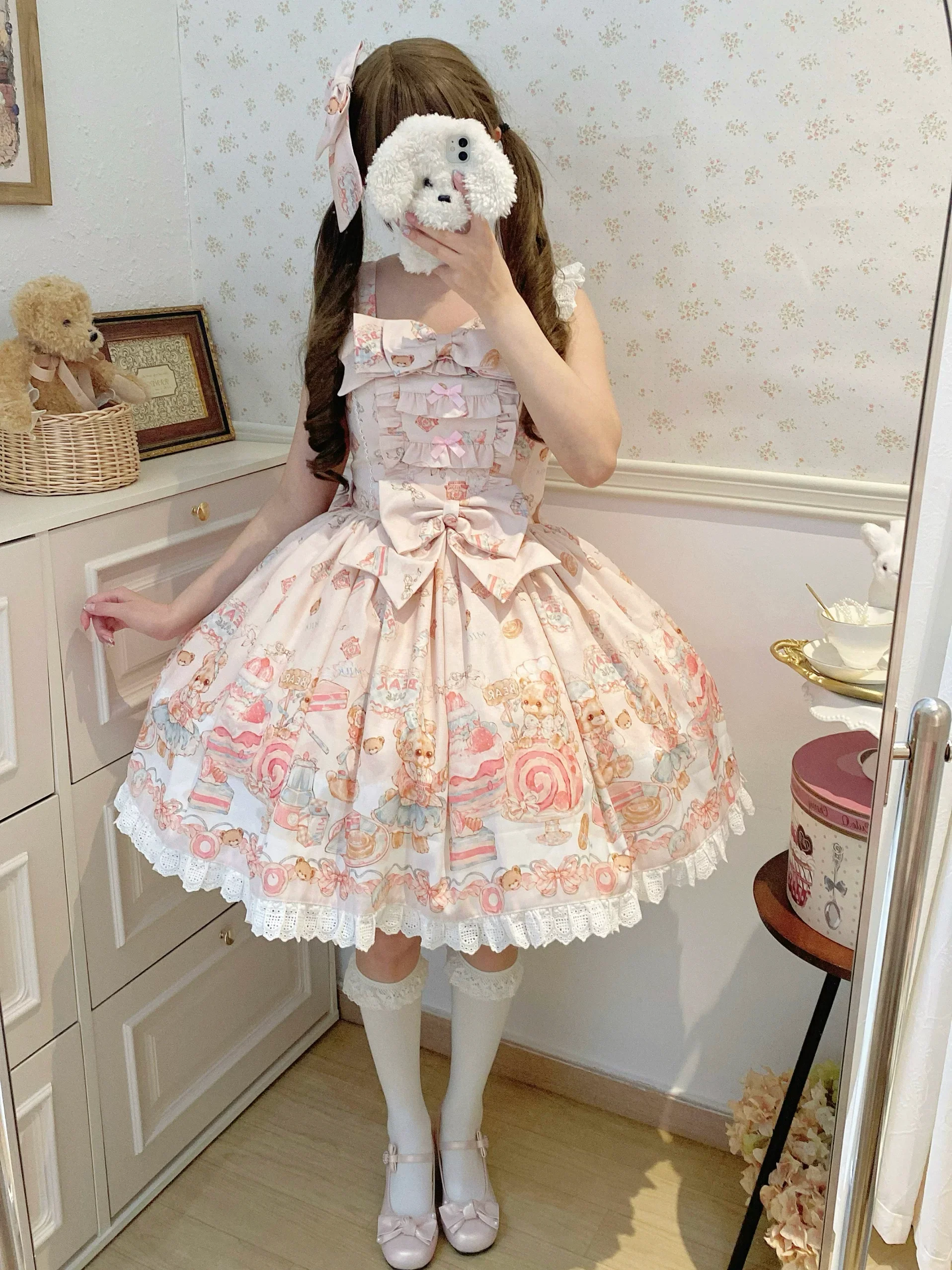 Strawberry Dessert Bear - Kawaii Lolita JSK, Bear and Dessert Print - Image 6