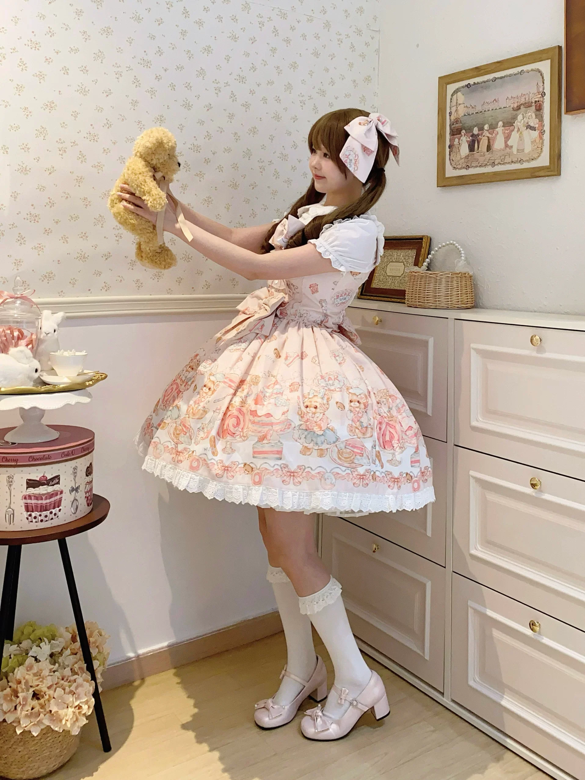 Strawberry Dessert Bear - Kawaii Lolita JSK, Bear and Dessert Print - Image 7