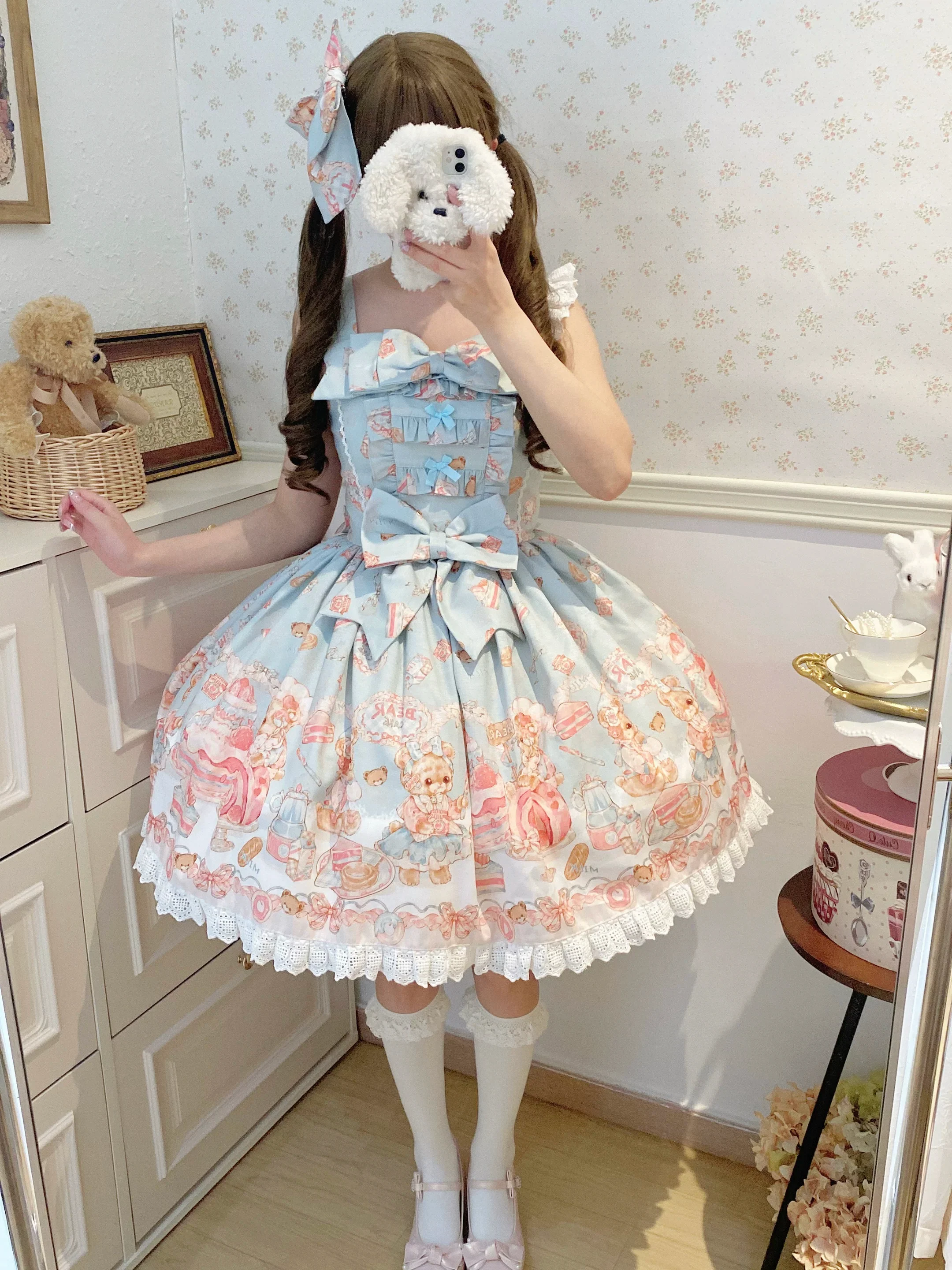 Strawberry Dessert Bear - Kawaii Lolita JSK, Bear and Dessert Print - Image 8