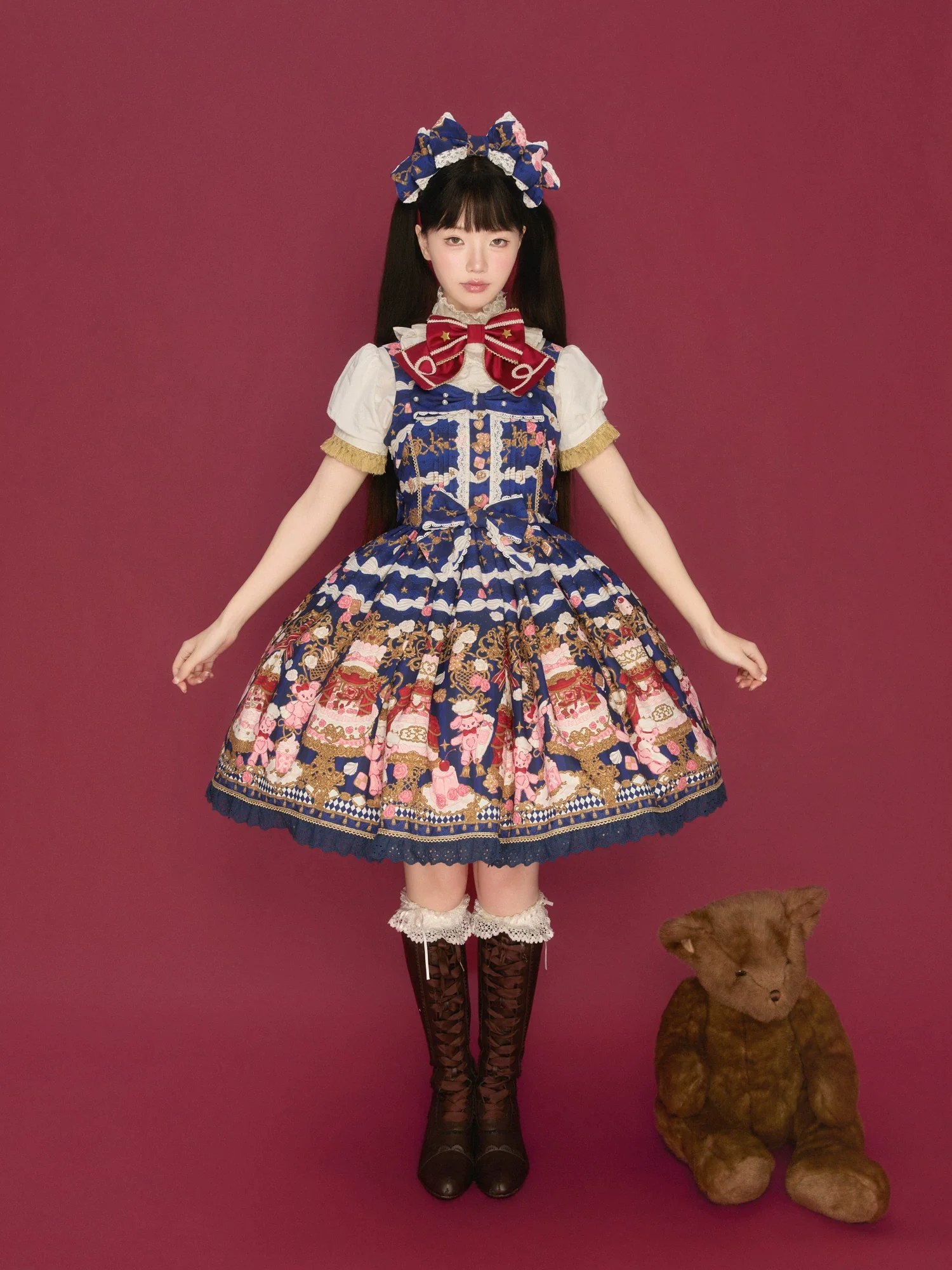 Sugar Festivaly - Kawaii Lolita JSK Dress, Cake & Bear Print - Image 28