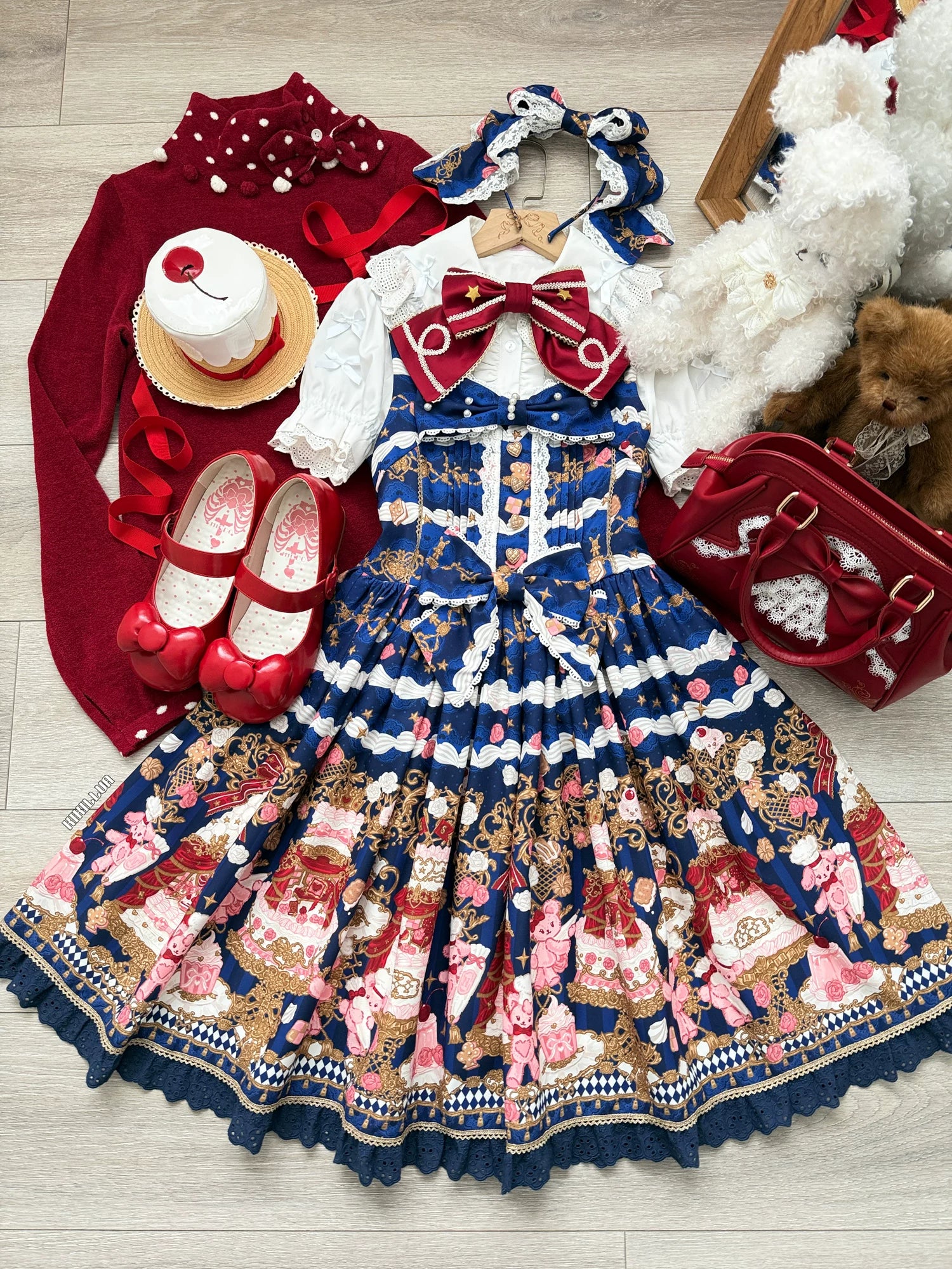 Sugar Festivaly - Kawaii Lolita JSK Dress, Cake & Bear Print - Image 42