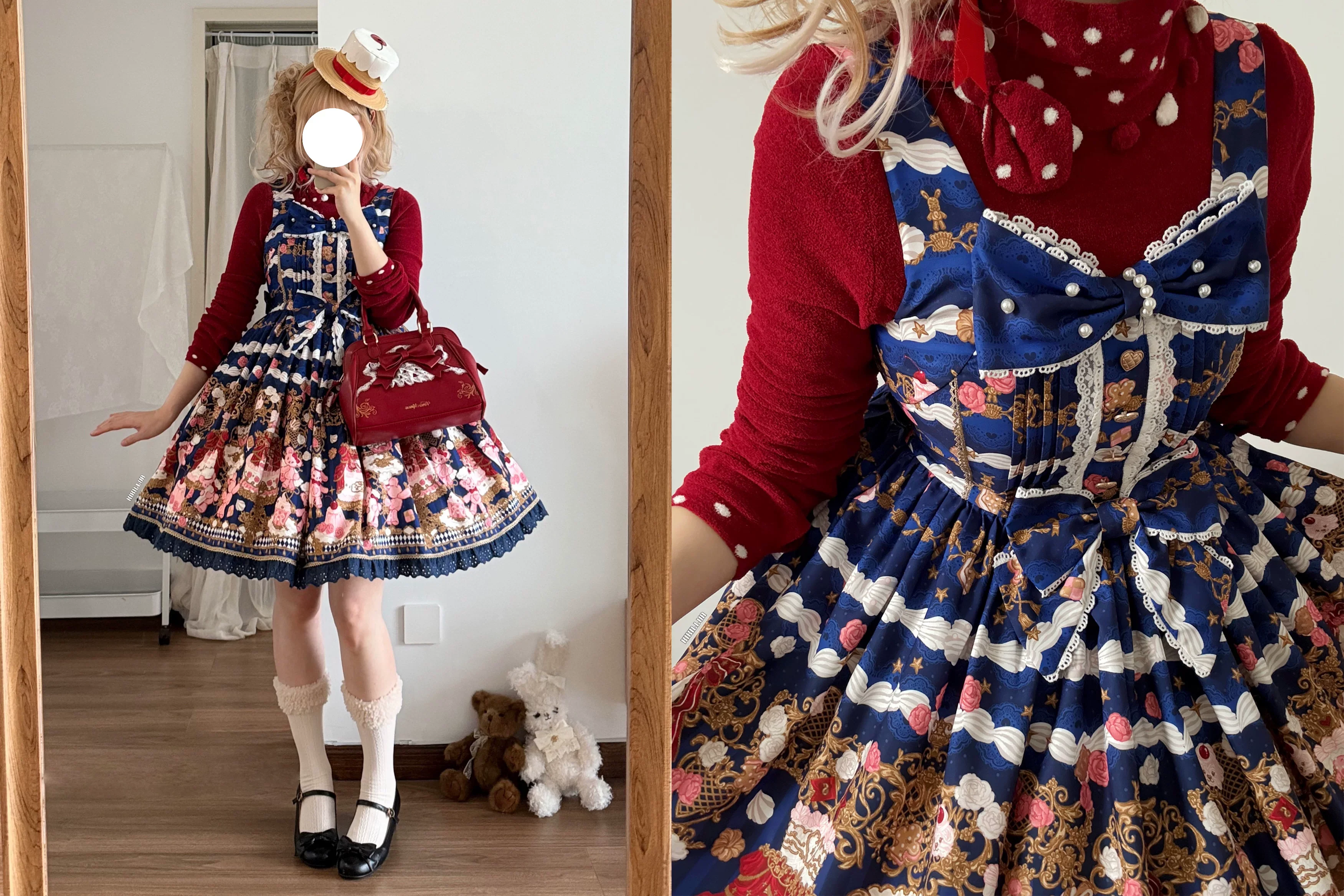 Sugar Festivaly - Kawaii Lolita JSK Dress, Cake & Bear Print - Image 44