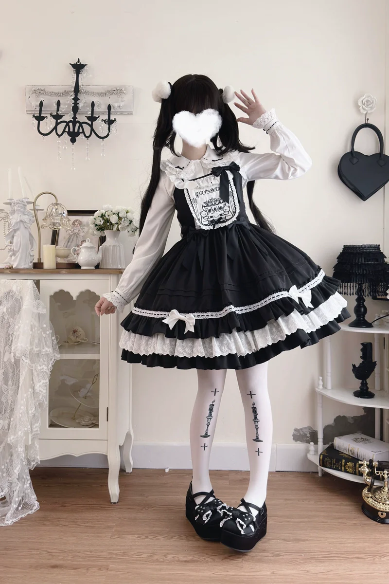 Hanguliang - Sweet Bear - Kawaii Lolita JSK Dress Embroidery Flounce Hem - Image 11