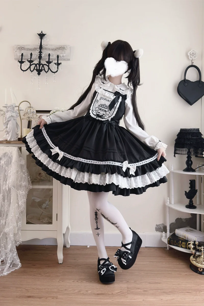 Hanguliang - Sweet Bear - Kawaii Lolita JSK Dress Embroidery Flounce Hem - Image 15