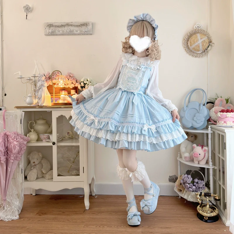 Hanguliang - Sweet Bear - Kawaii Lolita JSK Dress Embroidery Flounce Hem - Image 22