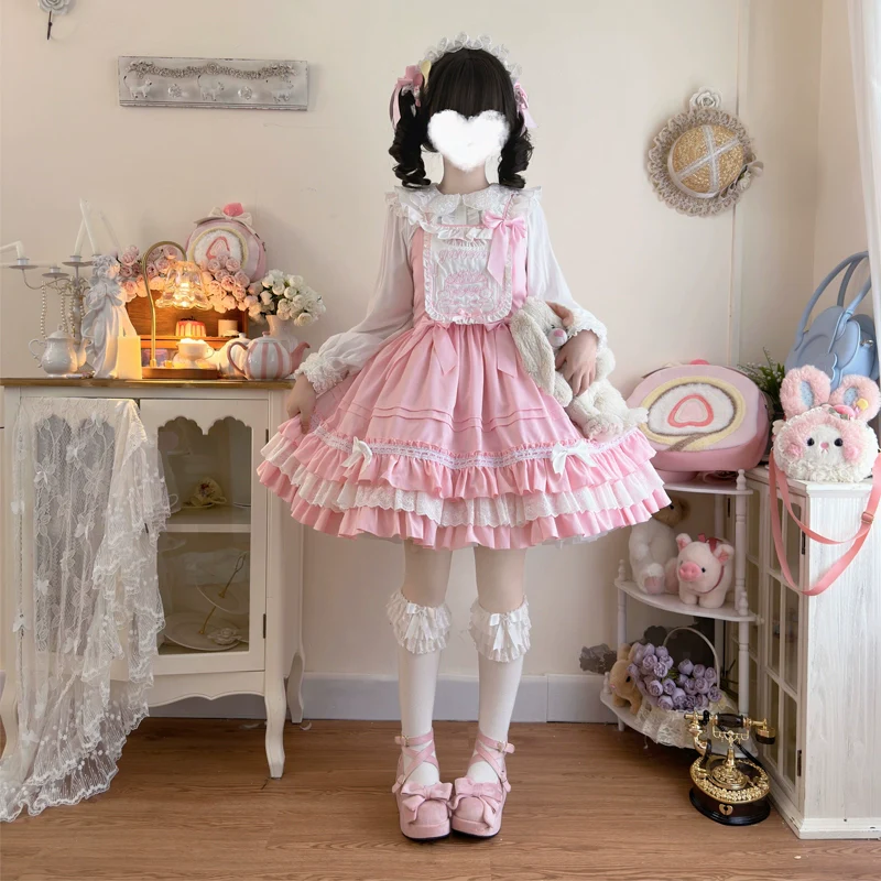 Hanguliang - Sweet Bear - Kawaii Lolita JSK Dress Embroidery Flounce Hem - Image 3