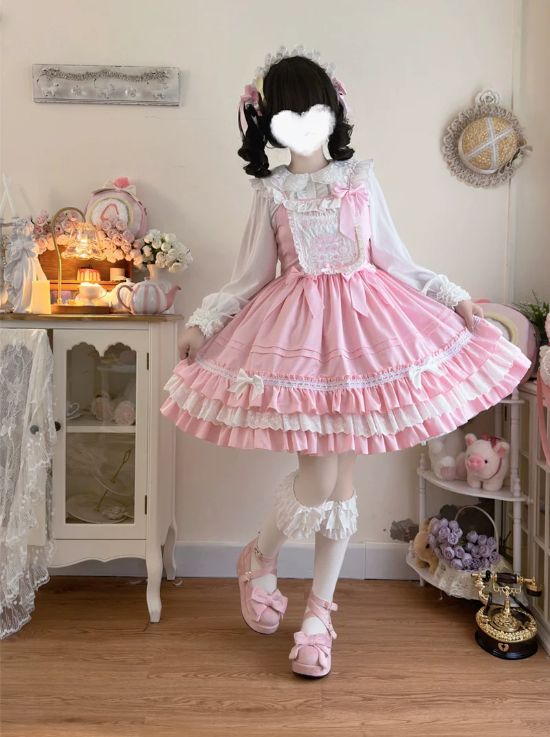 Hanguliang - Sweet Bear - Kawaii Lolita JSK Dress Embroidery Flounce Hem - Image 5