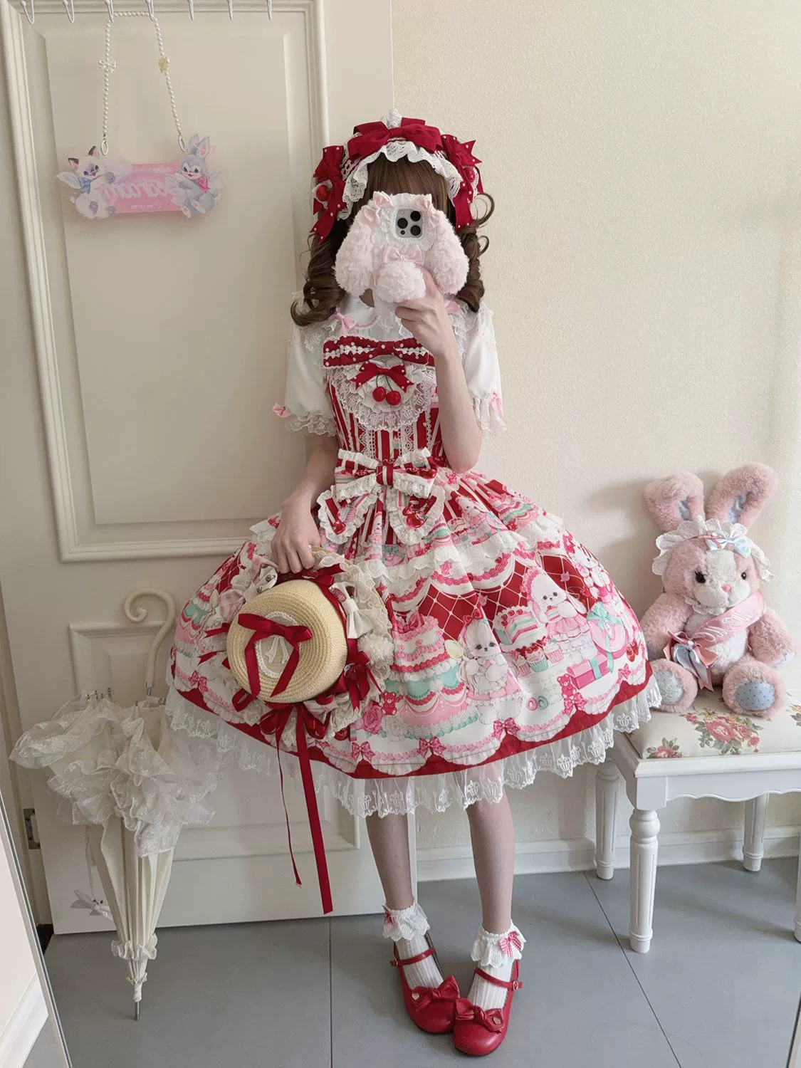 Hanguliang - Cherry Bake Song - Kawaii Lolita JSK Dress With Dessert Print & Cherry Bow - Image 10