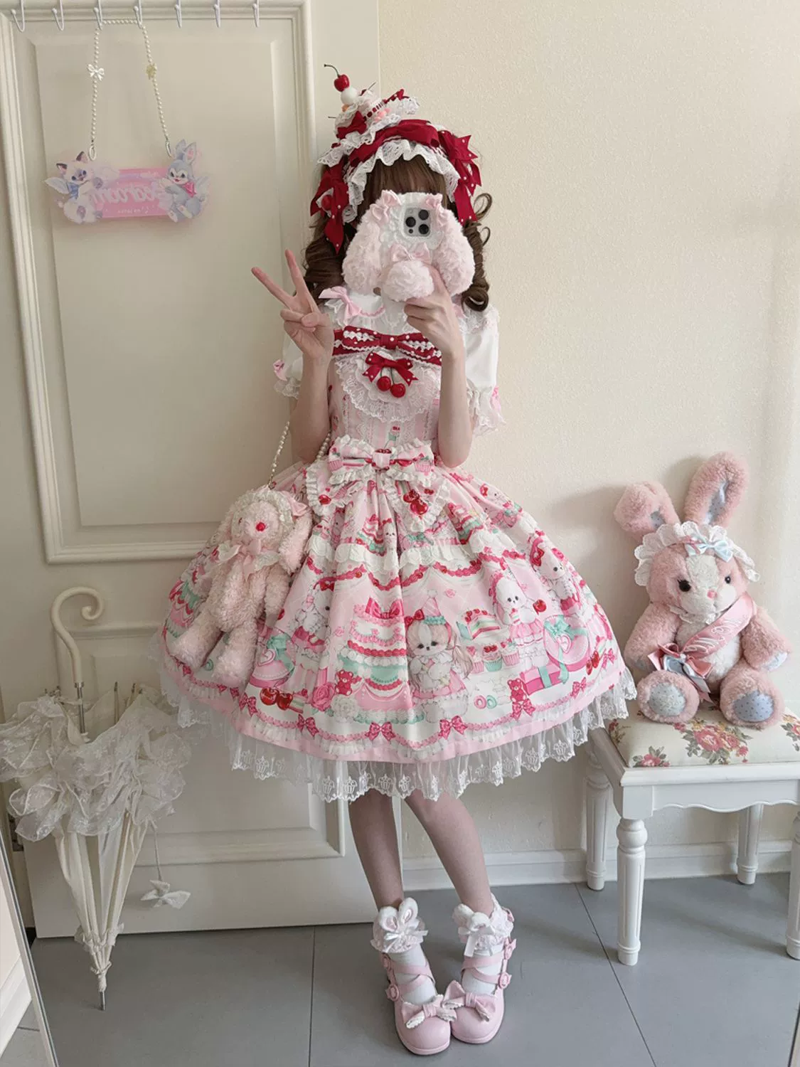Hanguliang - Cherry Bake Song - Kawaii Lolita JSK Dress With Dessert Print & Cherry Bow - Image 13