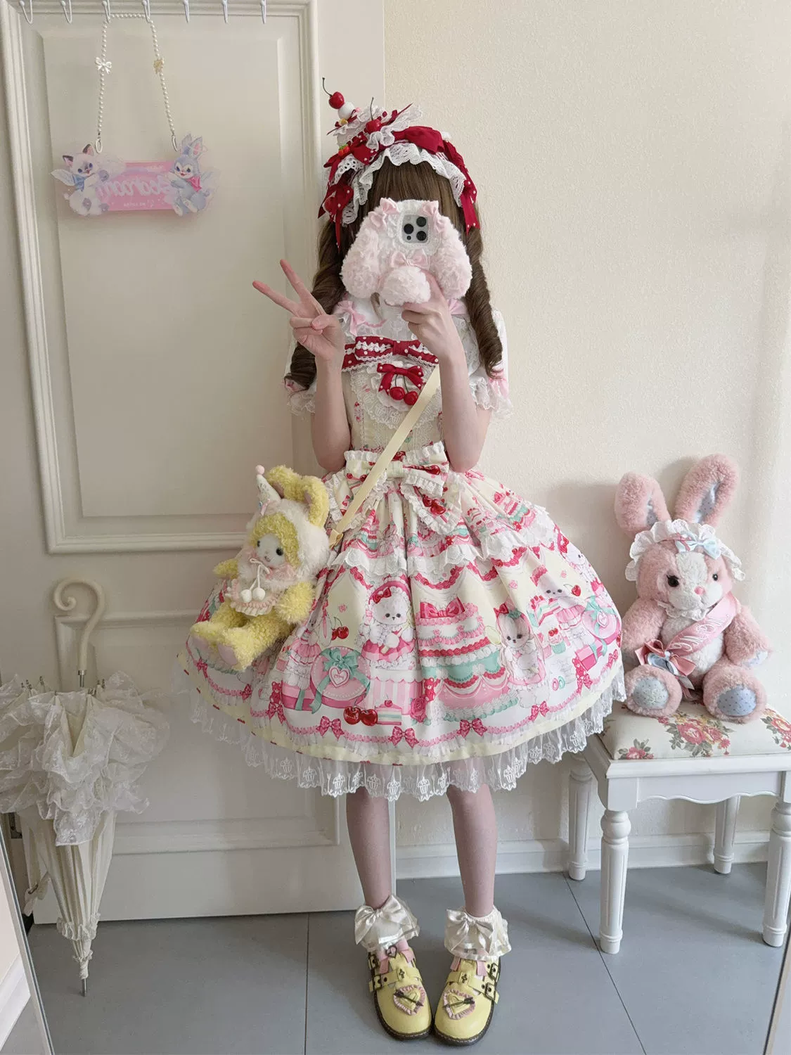 Hanguliang - Cherry Bake Song - Kawaii Lolita JSK Dress With Dessert Print & Cherry Bow - Image 15