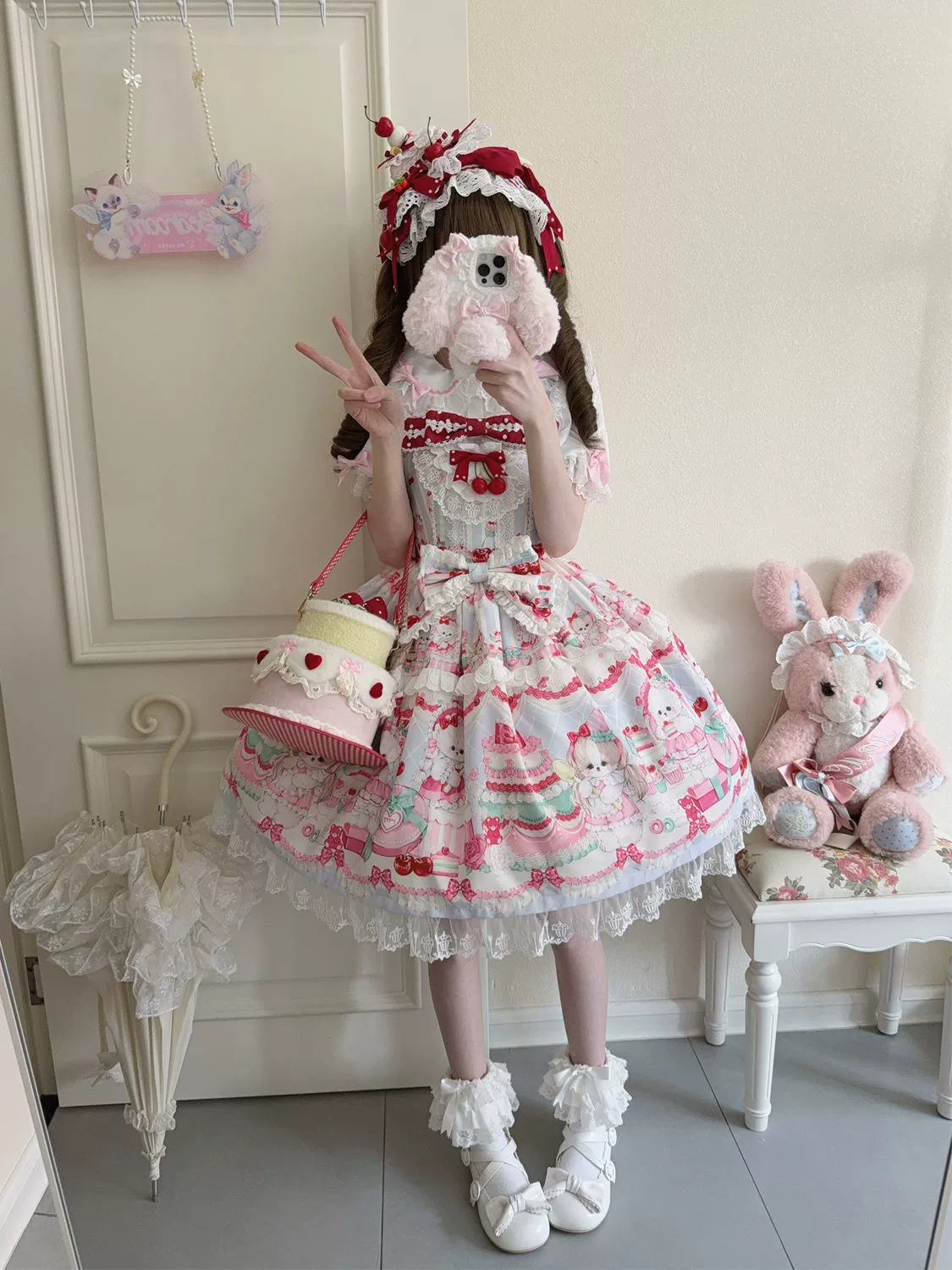 Hanguliang - Cherry Bake Song - Kawaii Lolita JSK Dress With Dessert Print & Cherry Bow - Image 4