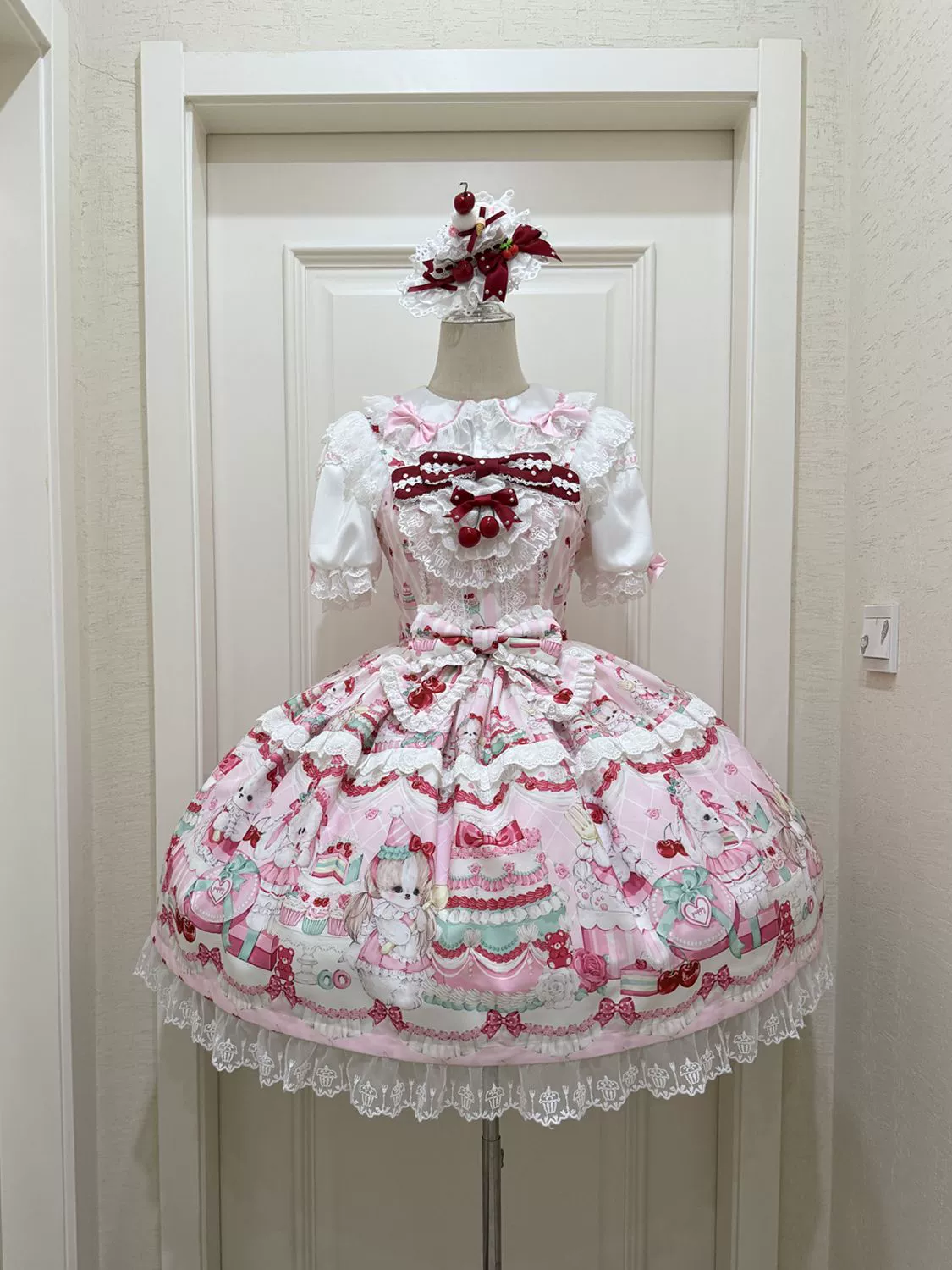 Hanguliang - Cherry Bake Song - Kawaii Lolita JSK Dress With Dessert Print & Cherry Bow - Image 6