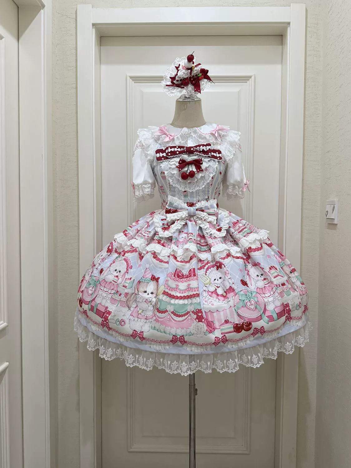 Hanguliang - Cherry Bake Song - Kawaii Lolita JSK Dress With Dessert Print & Cherry Bow - Image 7