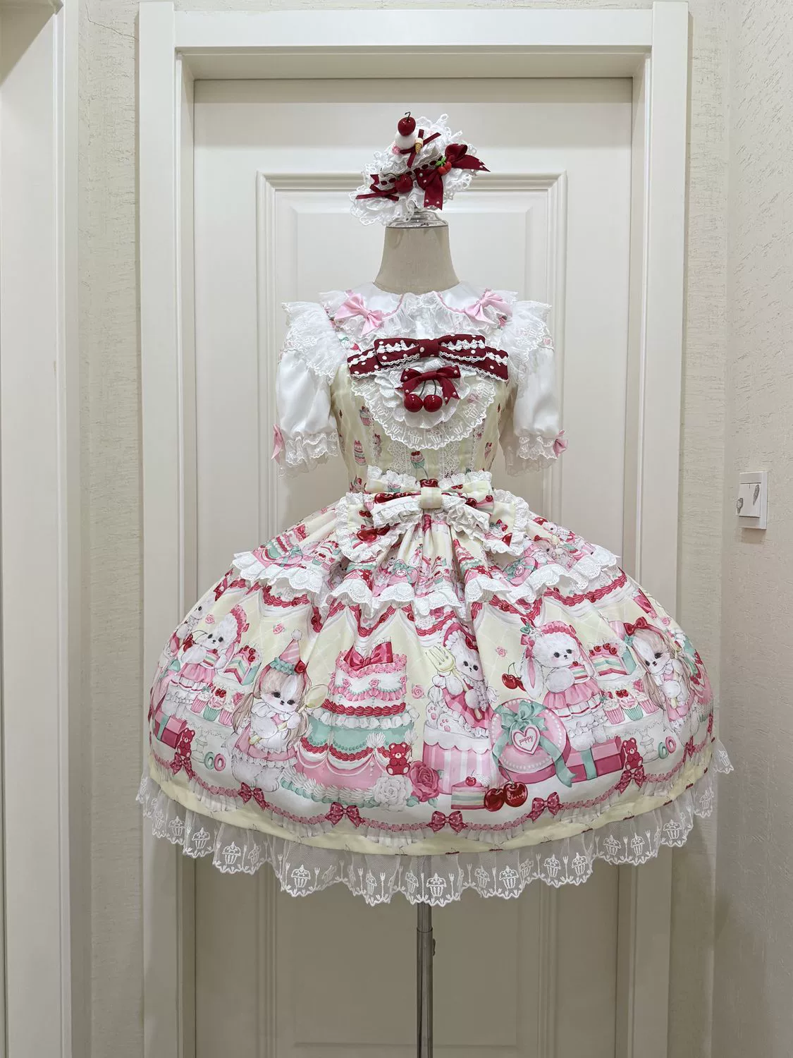 Hanguliang - Cherry Bake Song - Kawaii Lolita JSK Dress With Dessert Print & Cherry Bow - Image 8
