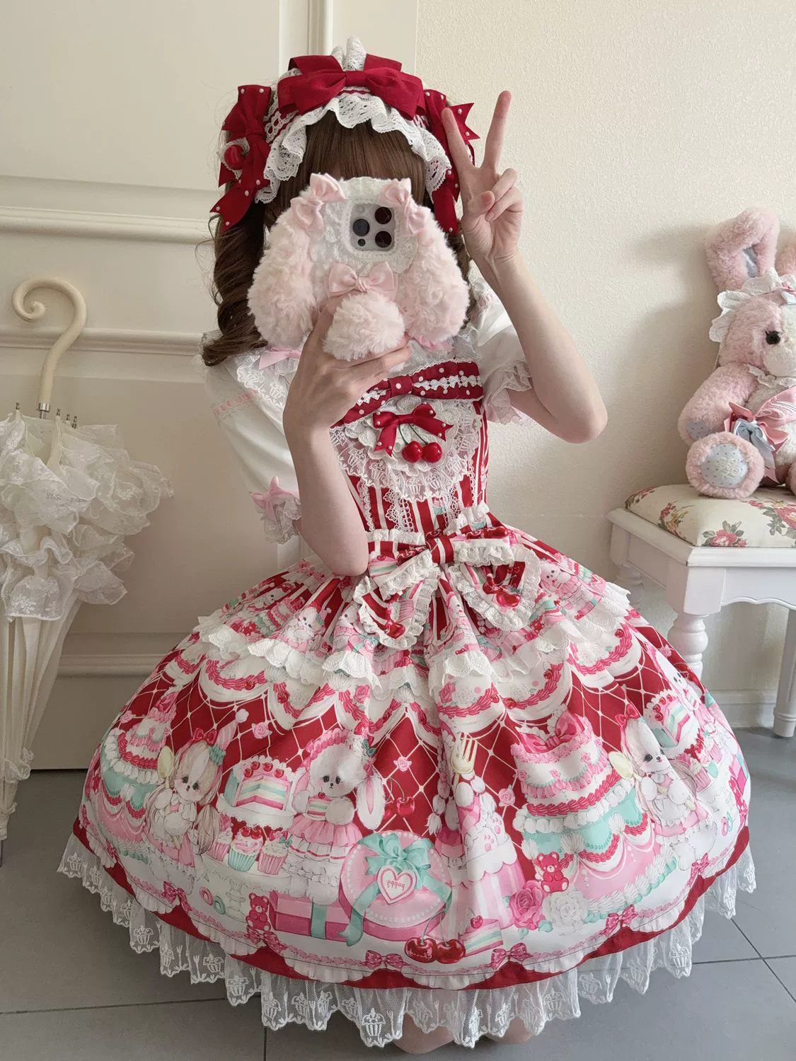 Hanguliang - Cherry Bake Song - Kawaii Lolita JSK Dress With Dessert Print & Cherry Bow - Image 9