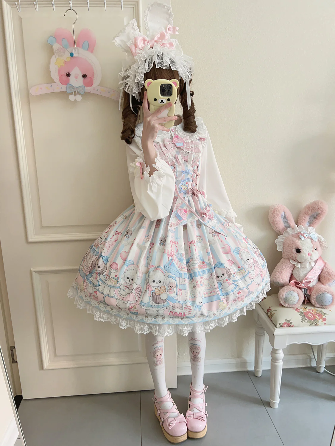 Hanguliang - Sweet Tea Party - Kawaii Lolita JSK Puppy Printed Dress with Sash - Image 3