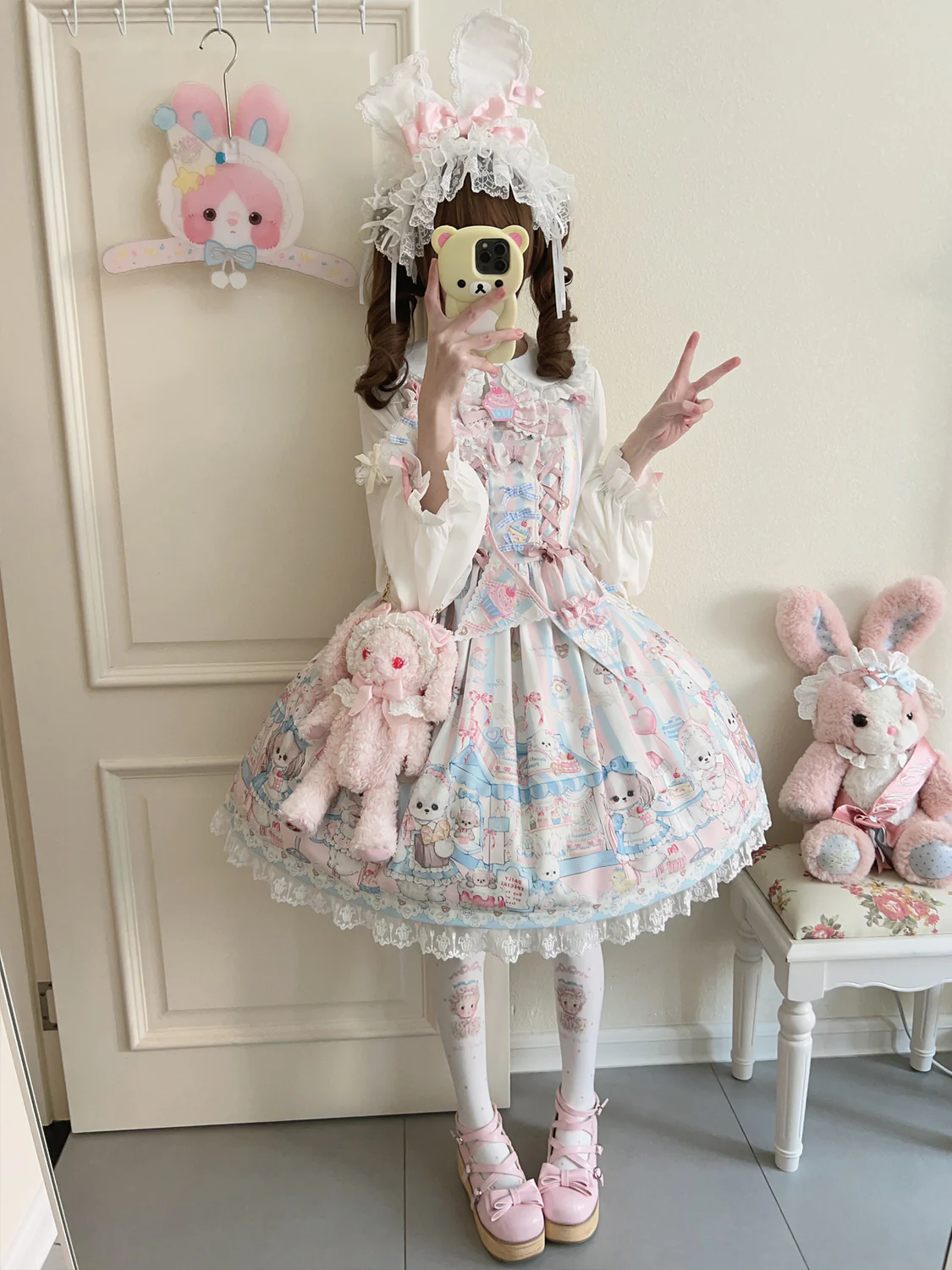 Hanguliang - Sweet Tea Party - Kawaii Lolita JSK Puppy Printed Dress with Sash - Image 4